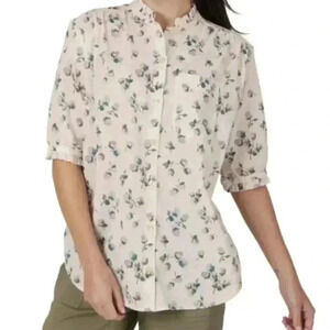 Lee short sleeve floral pink top with ruffled neck size Large